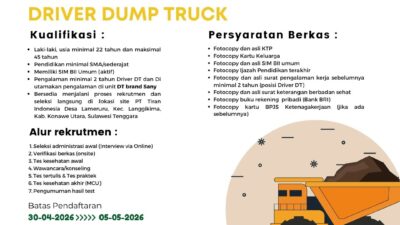 Tiran Indonesia Buka Lowongan Driver Dump Truck, Penempatan di Konawe Utara